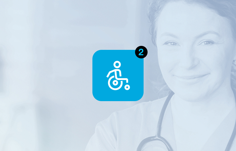 person in wheelchair icon with nurse in faded white background