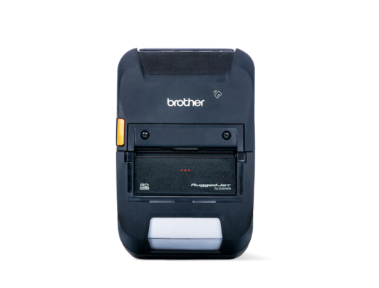 Black Brother portable label and receipt printer, featuring advanced labeling technology, displayed on a light gray background.