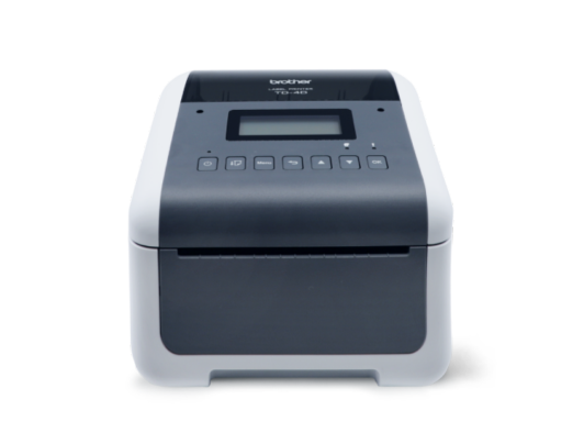 A black and gray Brother label printer with a digital display and several buttons on the top panel, perfect for efficient labeling solutions.