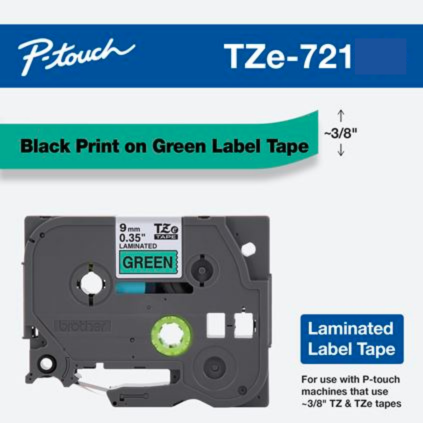 TZe-721 laminated label tape, 9mm (3/8”) wide, features black print on green tape.