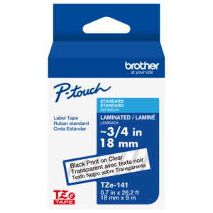 Brother TZe141 label tape, laminated, 18mm wide, black on clear.