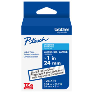 Brother P-touch TZe151 label tape, 24mm, black print on clear, in a blue and white box.