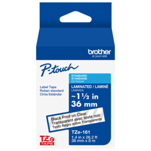 Brother P-touch TZe161 label tape, 36mm, black on clear, blue and white box.