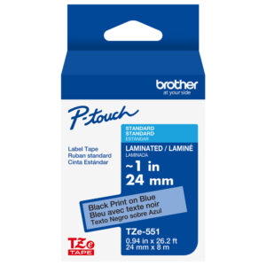 Brother P-touch label tape TZe551, black on blue, 24mm x 8m, laminated.
