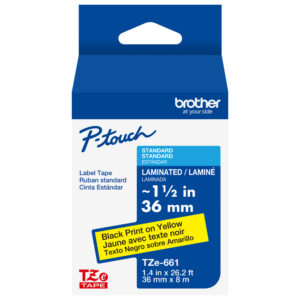 The TZe661 is a Brother P-touch label tape, 36mm wide, featuring black print on yellow and comes in blue and white packaging.
