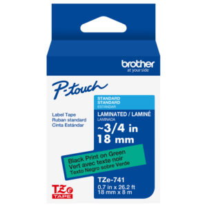 TZe741 label tape, black on green, 18mm x 8m, in blue packaging.