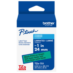 Brother P-touch TZe751 label tape, black on green, 24mm x 8m.