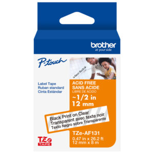 Brother TZeAF131 P-touch label tape, 12mm, acid free, black on clear—ideal for labeling.