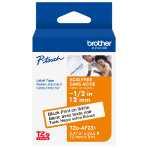 Brother TZeAF231 label tape, 12mm, black on white, acid free, 26.2 ft.