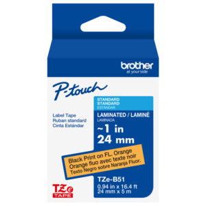 Blue Brother P-touch TZeB51 label tape, 24mm, black on fluorescent orange.