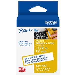 Brother TZeFA3 P-touch label tape box, 12mm x 3m, blue on white fabric, with packaging in English, Spanish, and French.