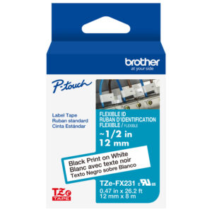 Brother TZeFX231 P-touch label tape, 12 mm flexible ID, black on white, in blue and white packaging.