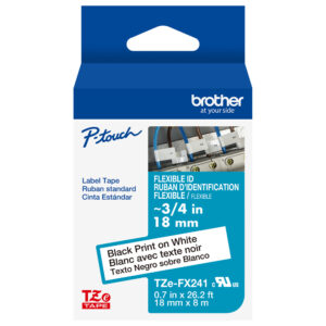 Brother TZeFX241 P-touch label tape, 18mm, flexible ID tape with black print on white; blue and white packaging.