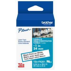 Brother TZeFX251 label tape, 24mm, black on white, flexible ID—blue and white box.