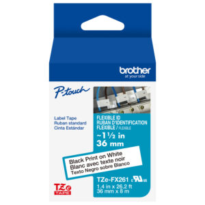 Brother TZeFX261 P-touch label tape, flexible ID, 36mm (1.4in) x 26.2ft, black on white, ideal for labeling cables.
