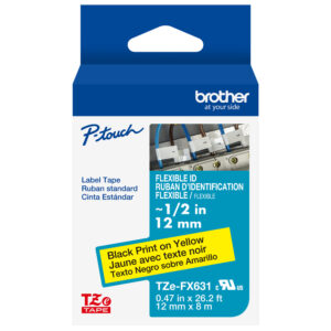 Brother TZeFX631 P-touch label tape, 1/2, flexible, black on yellow.