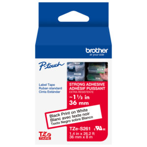 Brother TZeS261 P-touch label tape, 36mm, strong adhesive, black on white.