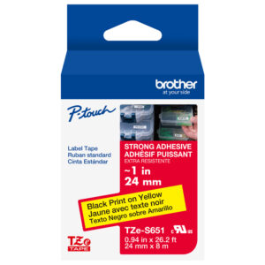 Brother TZeS651 P-touch label tape, 24mm, black on yellow, strong adhesive.