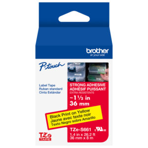 Brother P-touch TZeS661 label tape, black on yellow, strong adhesive, 36mm x 8m.