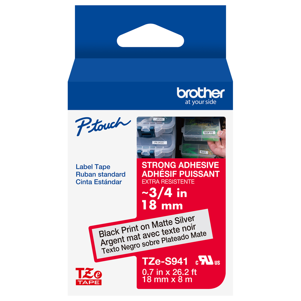 TZeS941 label tape, strong adhesive, black on matte silver, 18mm width.