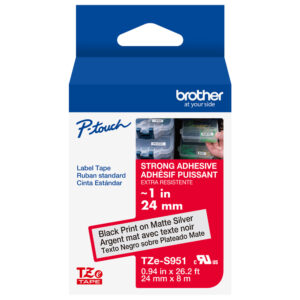 Brother TZeS951 label tape, 24mm, strong adhesive, black on matte silver.