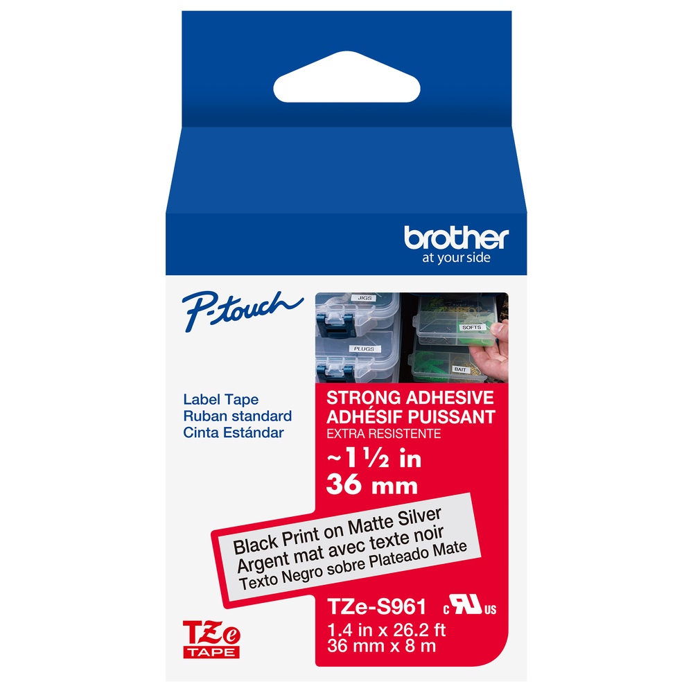 Brother TZeS961 P-touch label tape, strong adhesive, 36mm wide, black on matte silver, product packaging.