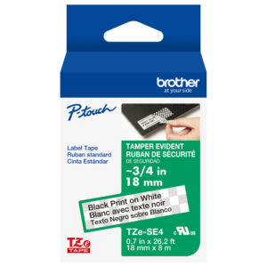 Brother TZeSE4 tamper evident label tape, 18mm, black on white.