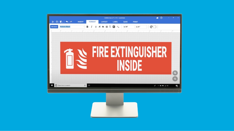 Computer screen with red fire extinguisher sign on screen