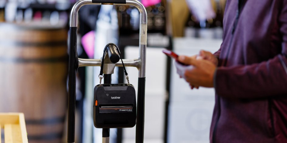 A portable Brother label printer, ideal for those seeking printers for vehicles, hangs on a cart beside a person holding a phone in a store.