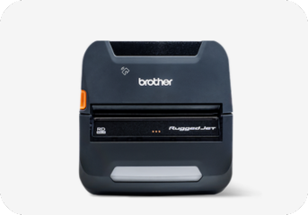 Front view of a black Brother RuggedJet portable label printer against a white background, ideal for mobile technology solutions and direct store delivery.