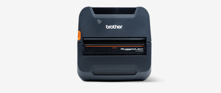 A black Brother RuggedJet RJ-4250WB mobile label printer on a white background, designed to help reduce printer failure during demanding tasks.