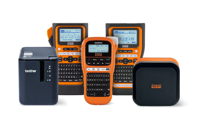Five Brother label maker devices in black and orange, ideal for cable labeling or wire labeling, displayed side by side on a white background.
