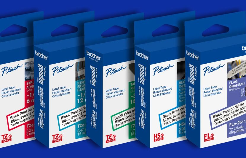 Five blue boxes of Brother P-touch label tape in different colors are arranged in a row against a blue background—choose the right tapes for your job and avoid using the wrong ones.