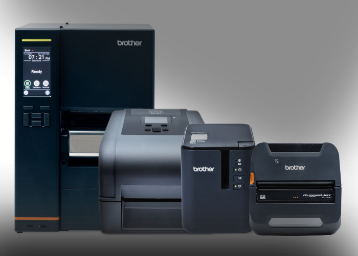 Four Brother brand label and receipt printers in various sizes, displayed side by side on a dark background—ideal for streamlining manufacturing operations or supporting ABM strategies in the unaware stage.