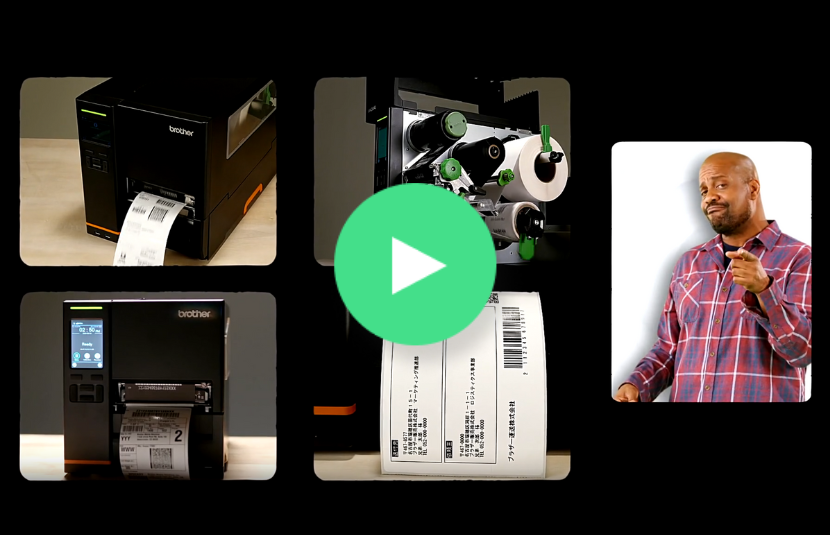 Four images show a label printer in use, plus a man in a plaid shirt gesturing and smiling.