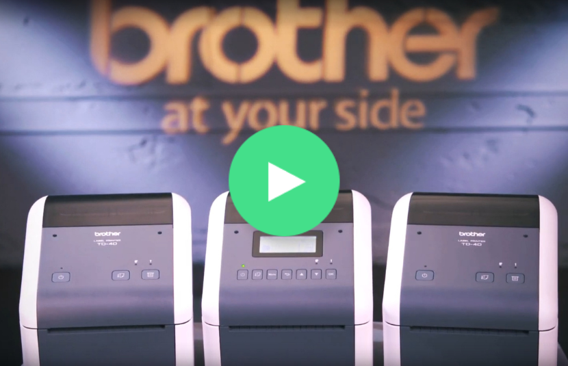 Three Brother thermal desktop printers are displayed in front of a blurred Brother logo with a large play button overlay, highlighting impressive print performance.