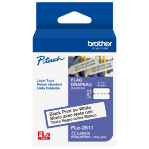 Blue Brother P-touch label tape box, Black Print on White, 72 labels, 1.7 in, product code FLe-2511.