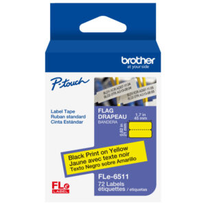 Brother P-touch label tape box, black print on yellow, 72 labels, 1.7 in x 0.45 in, FLe-6511.