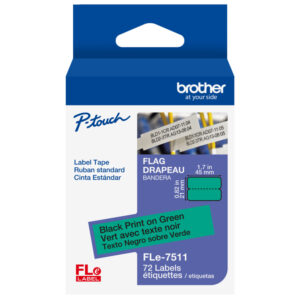 Brother P-touch label tape box, 1.7 in x 1 in, black print on green, 72 labels per pack.