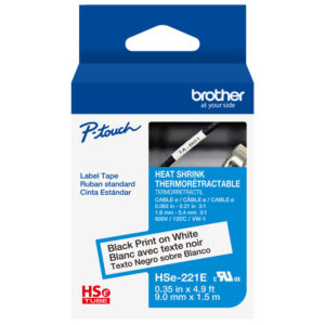 Blue box of Brother P-touch heat shrink label tape, black print on white, 0.35 in x 4.9 ft, model HSe-221E.