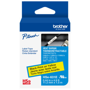 Brother P-touch label tape box, black print on yellow, for heat shrink tubing, 0.44 in x 4.9 ft.