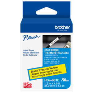 Brother heat shrink label tape packaging, blue box, yellow tape with black text, 1.2 in x 4.9 ft.
