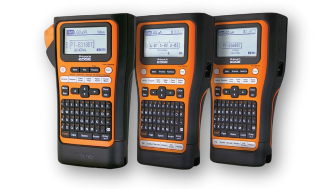 Three orange and black handheld label printers with small screens and QWERTY keyboards are shown side by side, ideal for creating PROMO Tape to support your latest Tool Promotion.