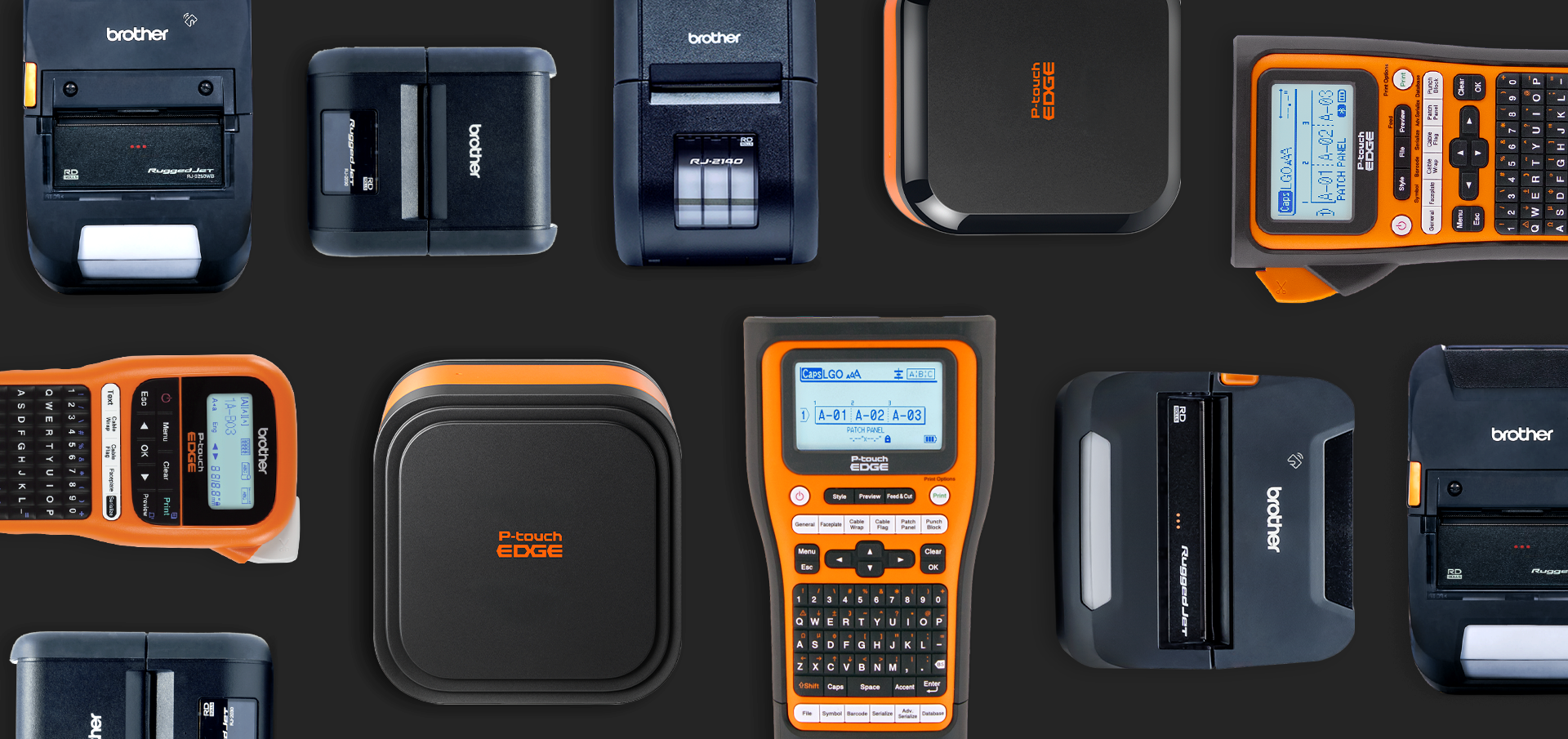 Assorted Brother and P-touch Edge barcode label printers and label makers are arranged on a black background.