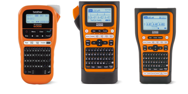 Three orange handheld label makers with black keyboards and digital screens, shown front-facing on a white background.