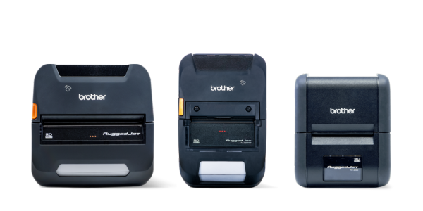 Three Brother RuggedJet portable printers in a row against a plain white background.