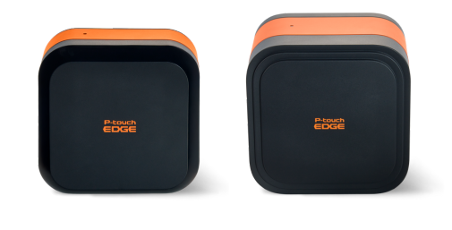 Two black and orange square devices labeled P-touch EDGE on a plain light background.