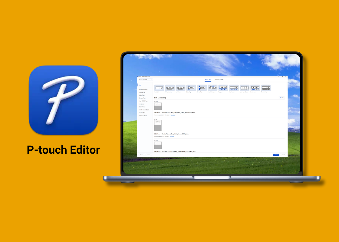 Laptop displaying P-touch Editor software interface, with the P-touch Editor logo on an orange background, showcasing powerful label-making software and seamless integration with other apps.
