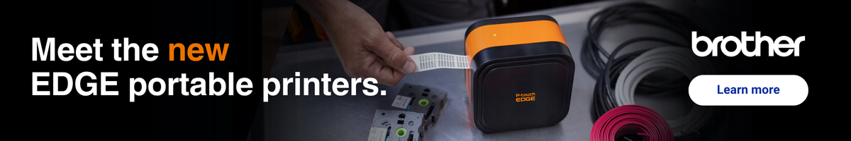 A hand uses a Brother EDGE portable printer to print a label; text reads, Meet the new EDGE portable printers.