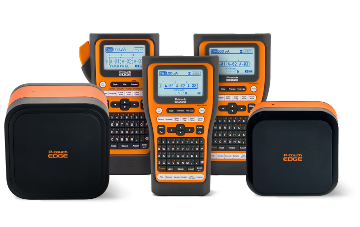 Five black and orange Brother P-touch EDGE label makers and printers, designed for industrial labeling, are displayed on a white background.